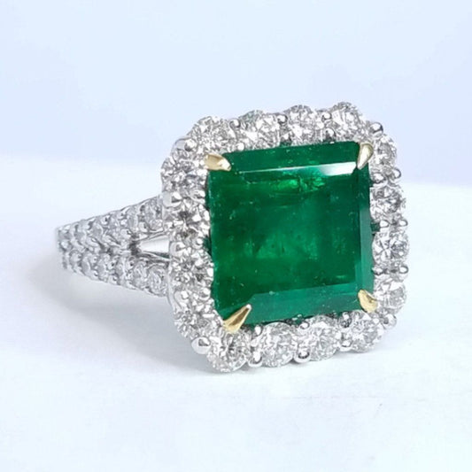 5.95 Total Carat Green Emerald Diamond Halo Ladies Ring