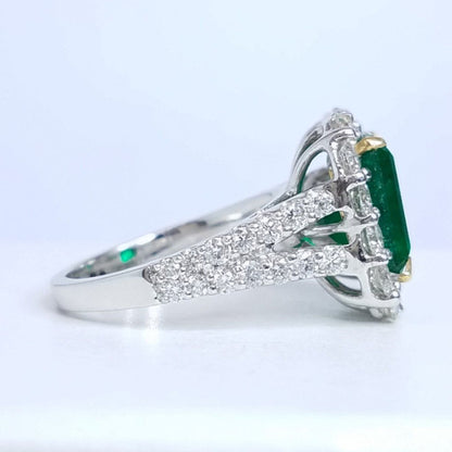 5.95 Total Carat Green Emerald Diamond Halo Ladies Ring