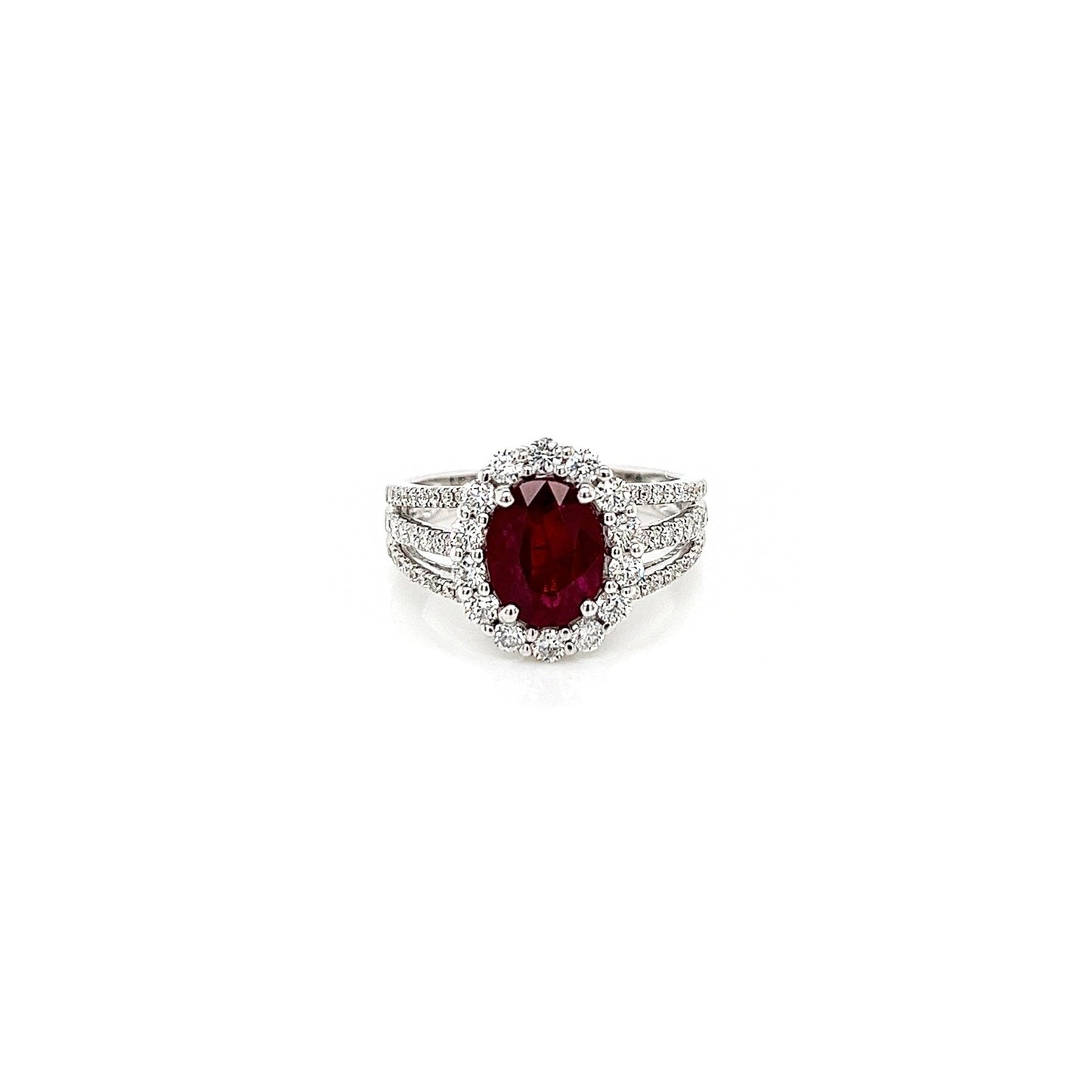 2.90 Total Carat Oval Ruby and Diamond Halo Ladies Ring. GIA Certified.