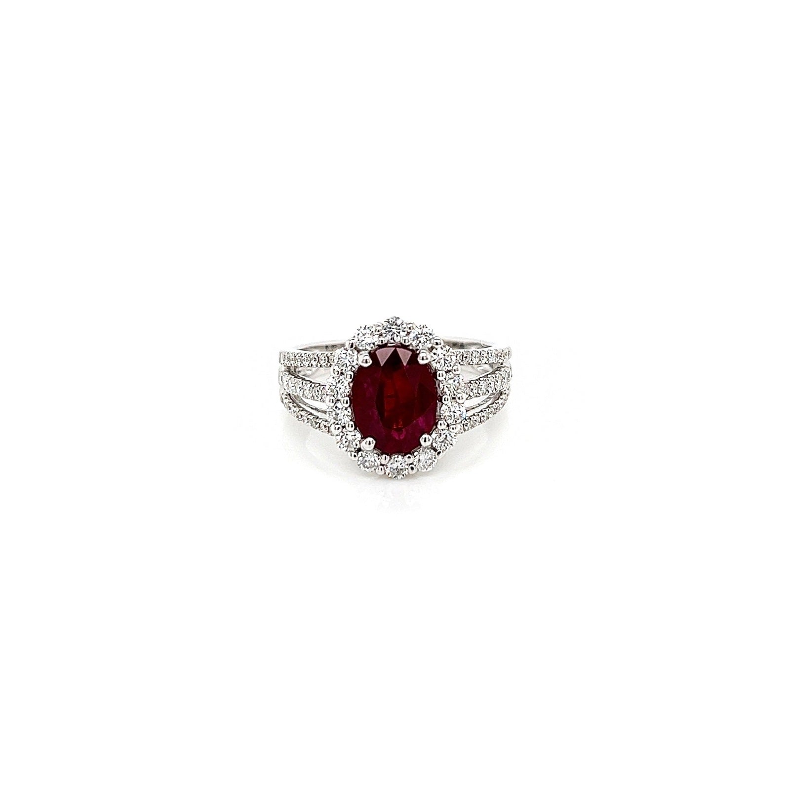 2.90 Total Carat Oval Ruby and Diamond Halo Ladies Ring. GIA Certified.
