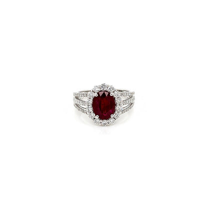 2.90 Total Carat Oval Ruby and Diamond Halo Ladies Ring. GIA Certified.