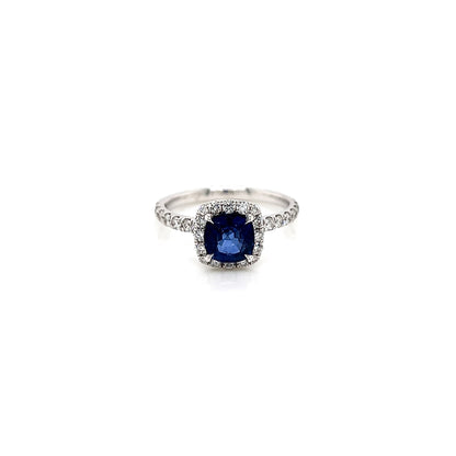 1.96 Total Carat Sapphire Halo Diamond Engagement Ring