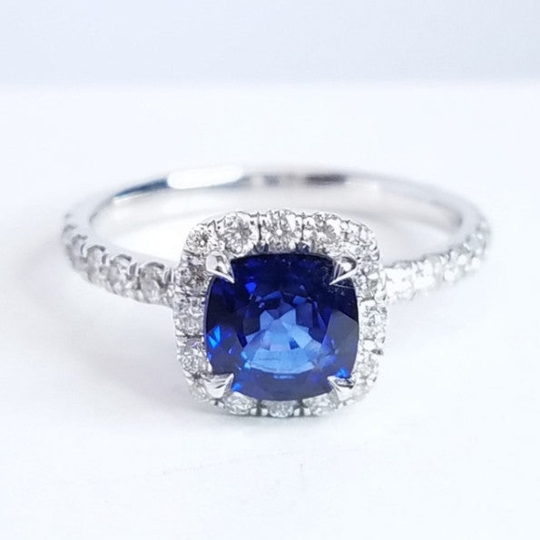 1.96 Total Carat Sapphire Halo Diamond Engagement Ring