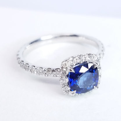 1.96 Total Carat Sapphire Halo Diamond Engagement Ring
