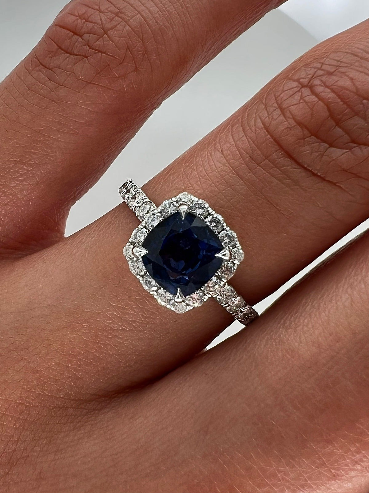 1.96 Total Carat Sapphire Halo Diamond Engagement Ring