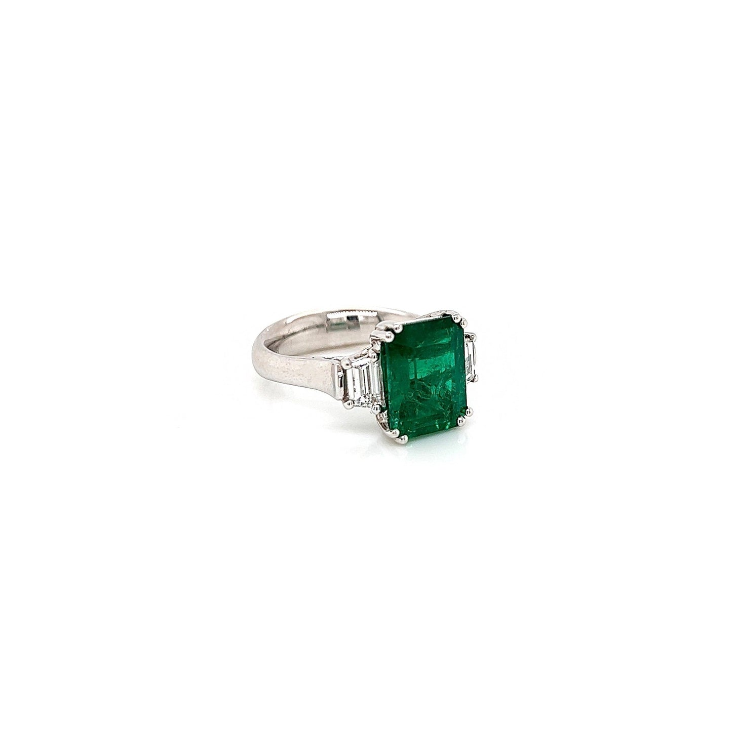 4.60 Total Carat Emerald and Diamond Three Stone Ladies Engagement Ring. GIA Certified.