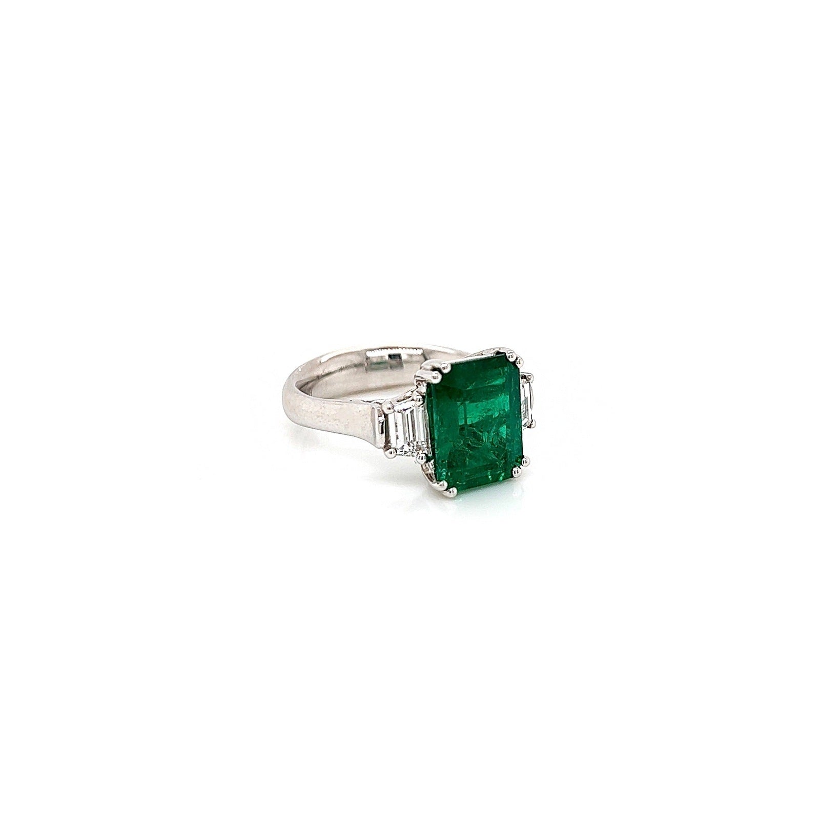 4.60 Total Carat Emerald and Diamond Three Stone Ladies Engagement Ring. GIA Certified.