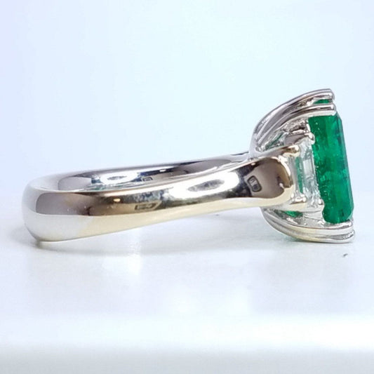 4.60 Total Carat Emerald and Diamond Three Stone Ladies Engagement Ring. GIA Certified.