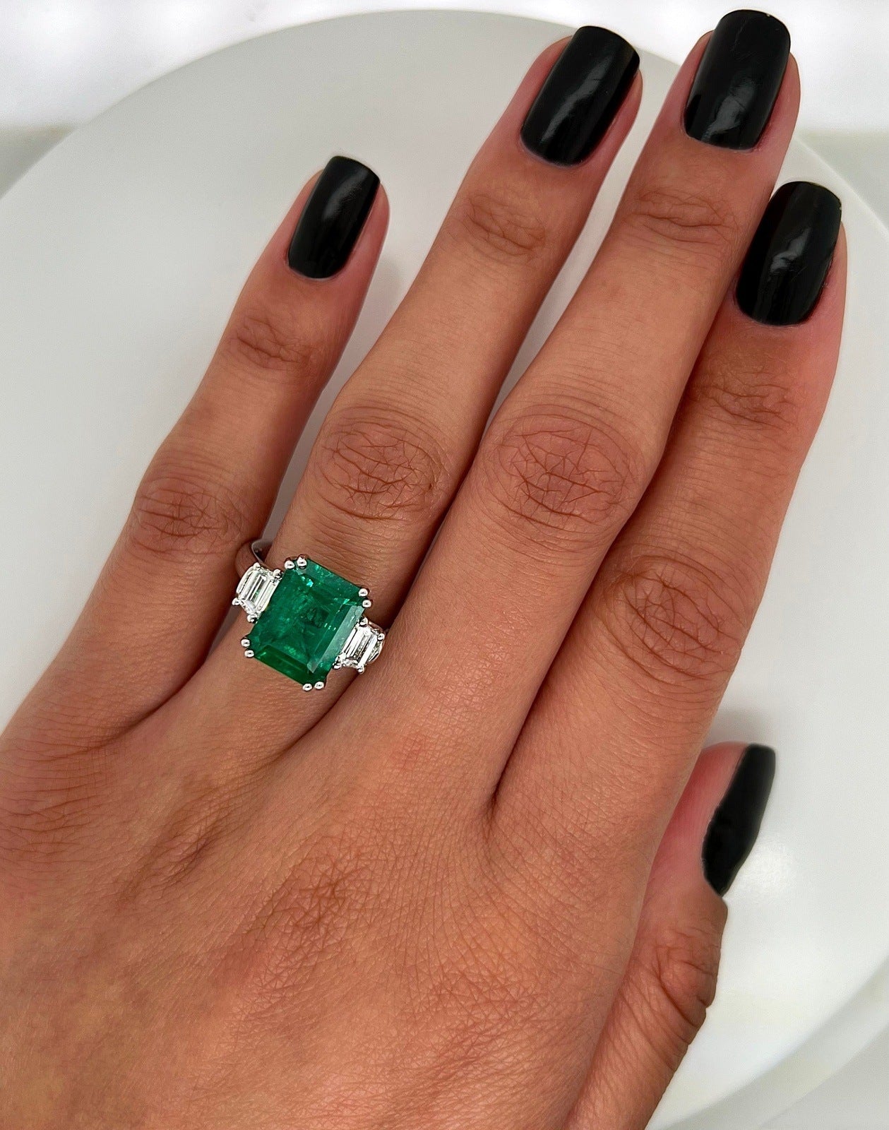 4.60 Total Carat Emerald and Diamond Three Stone Ladies Engagement Ring. GIA Certified.