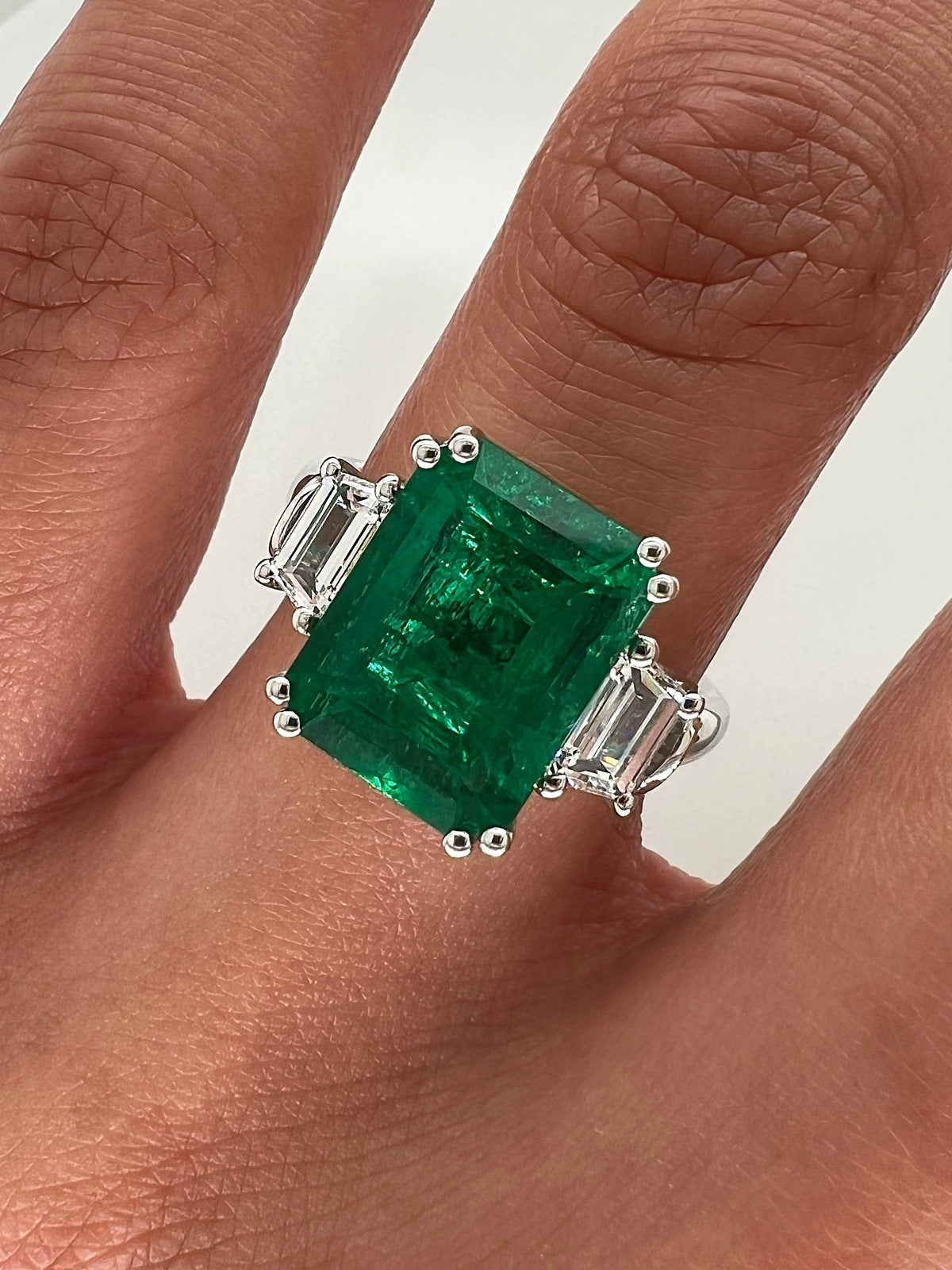 4.60 Total Carat Emerald and Diamond Three Stone Ladies Engagement Ring. GIA Certified.
