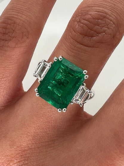 4.60 Total Carat Emerald and Diamond Three Stone Ladies Engagement Ring. GIA Certified.