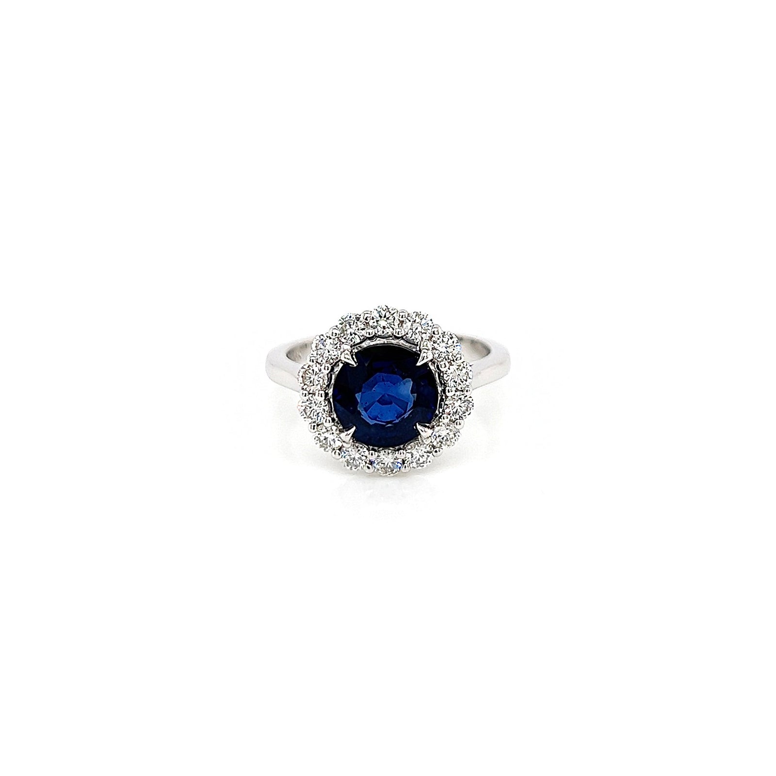 3.08 Total Carat Blue Round Sapphire and Diamond Halo Ladies Engagement Ring