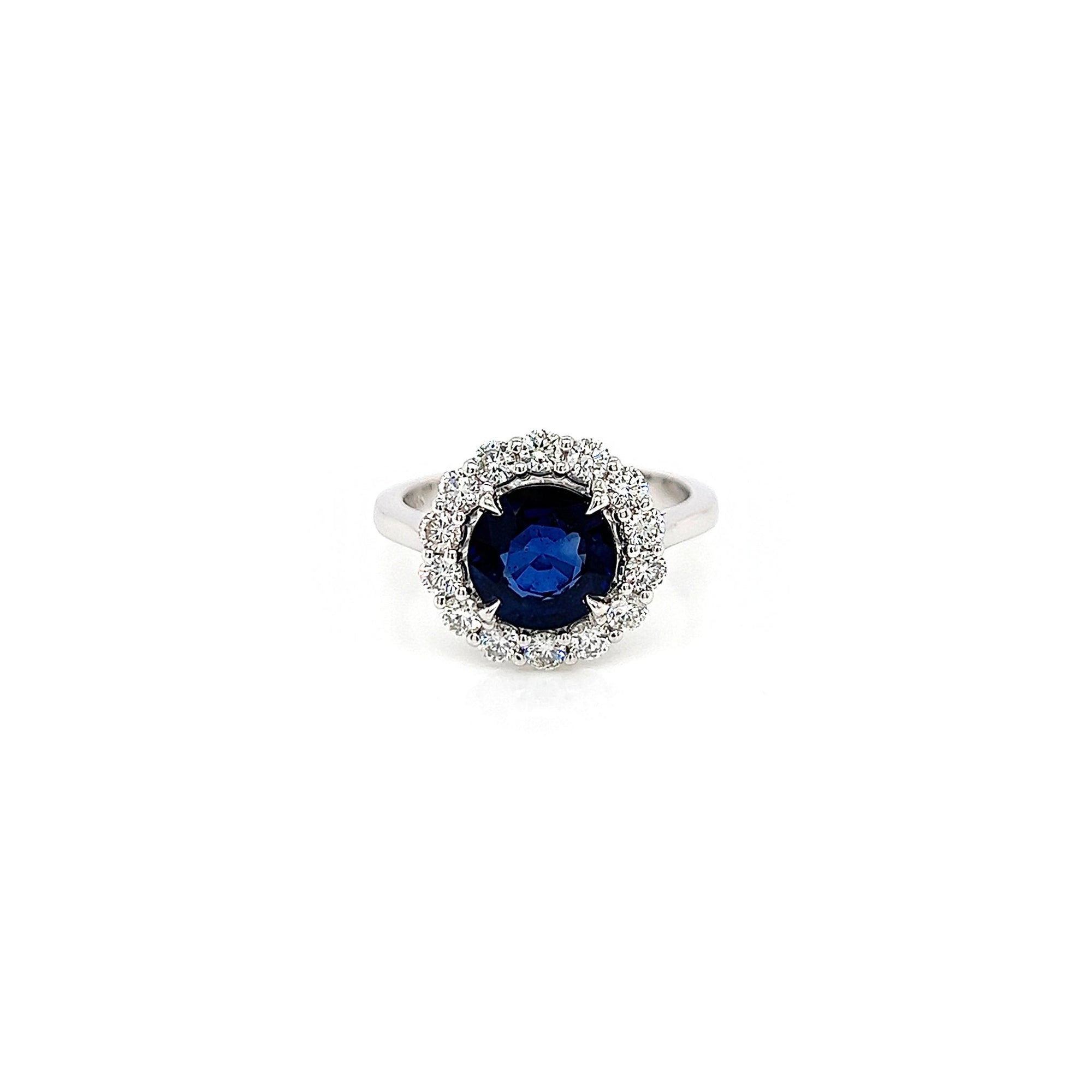 3.08 Total Carat Blue Round Sapphire and Diamond Halo Ladies Engagement Ring
