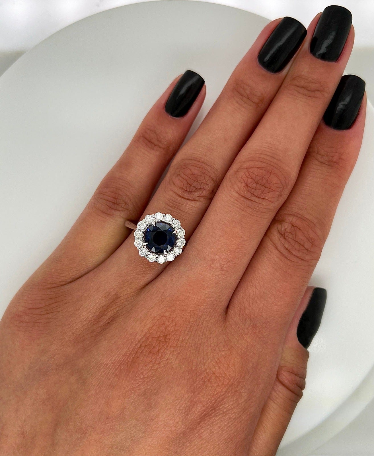 3.08 Total Carat Blue Round Sapphire and Diamond Halo Ladies Engagement Ring