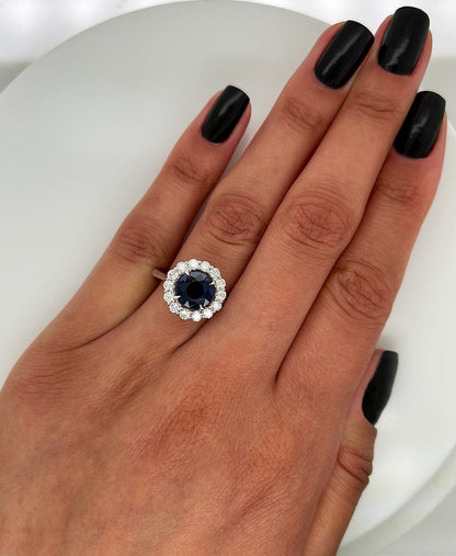 3.08 Total Carat Blue Round Sapphire and Diamond Halo Ladies Engagement Ring