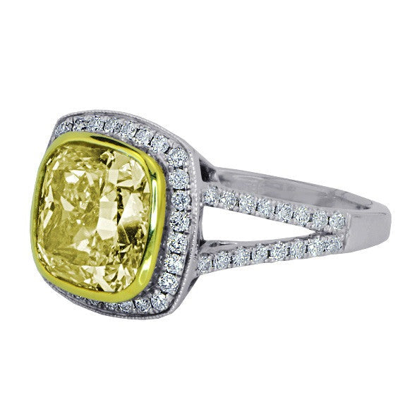 "ENGR02937" Yellow Diamond Cushion Cut Ring