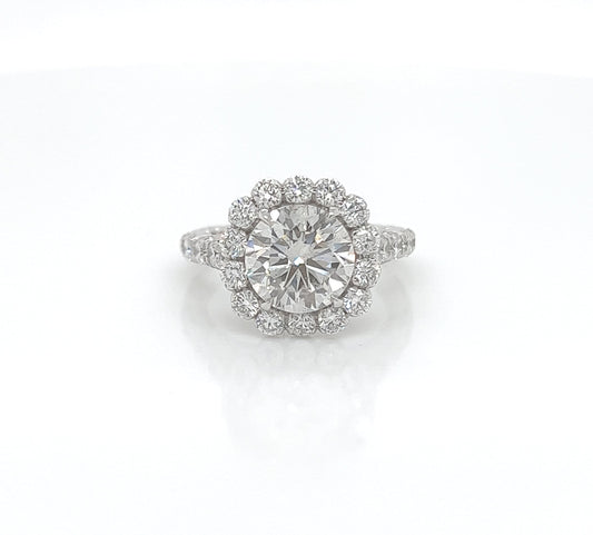 3.87 Total Carat Round Halo and Pave Set Engagement Ring H VS2
