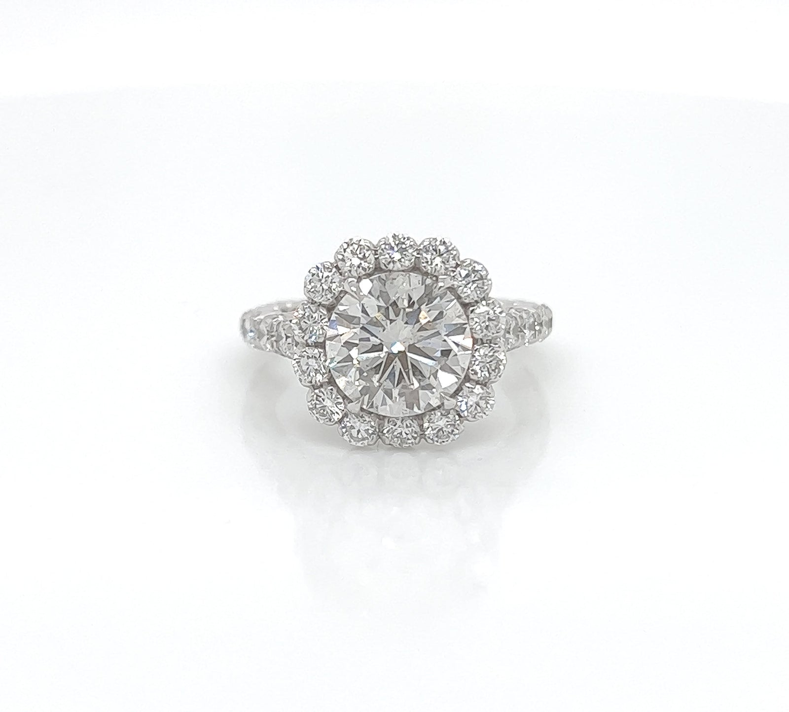 3.87 Total Carat Round Halo and Pave Set Engagement Ring H VS2