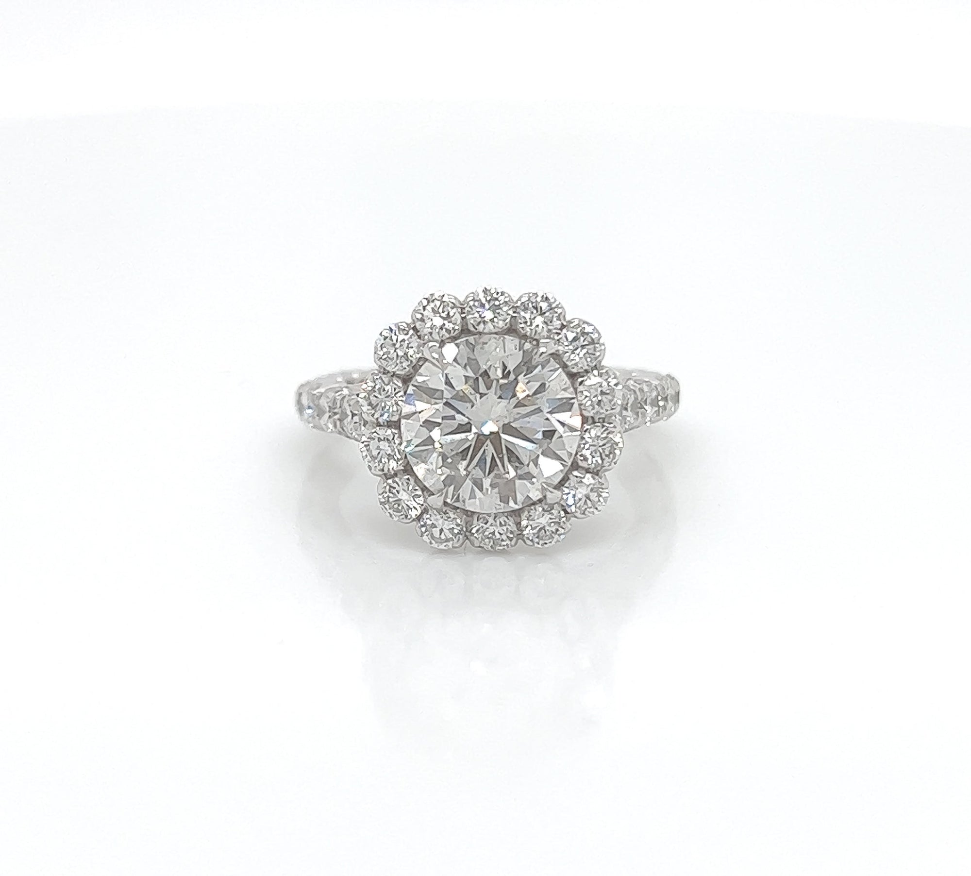 3.87 Total Carat Round Halo and Pave Set Engagement Ring H VS2
