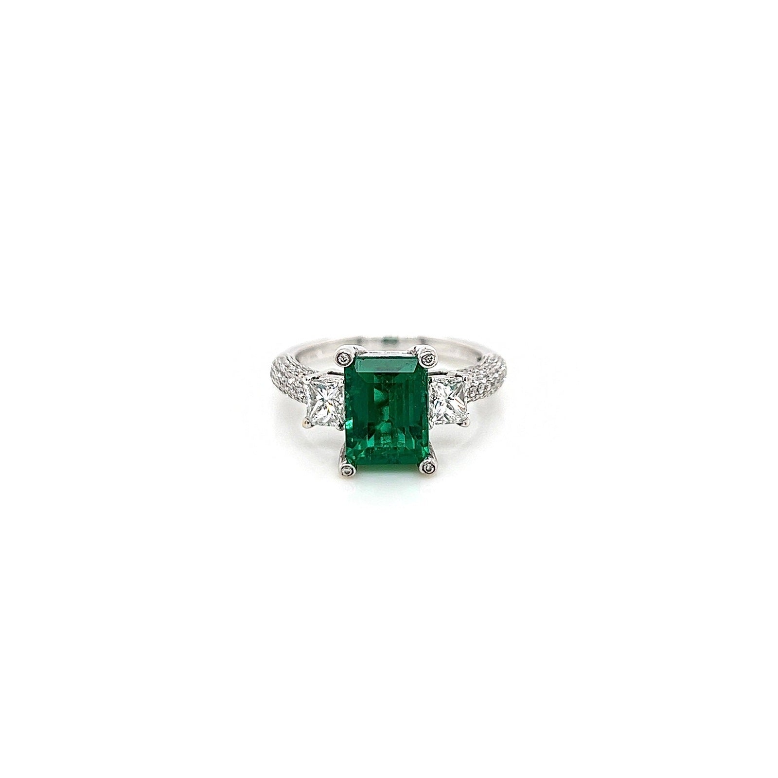 4.46 Total Carat Emerald and Diamond Three Stone Pave Set Engagement Ring, GIA