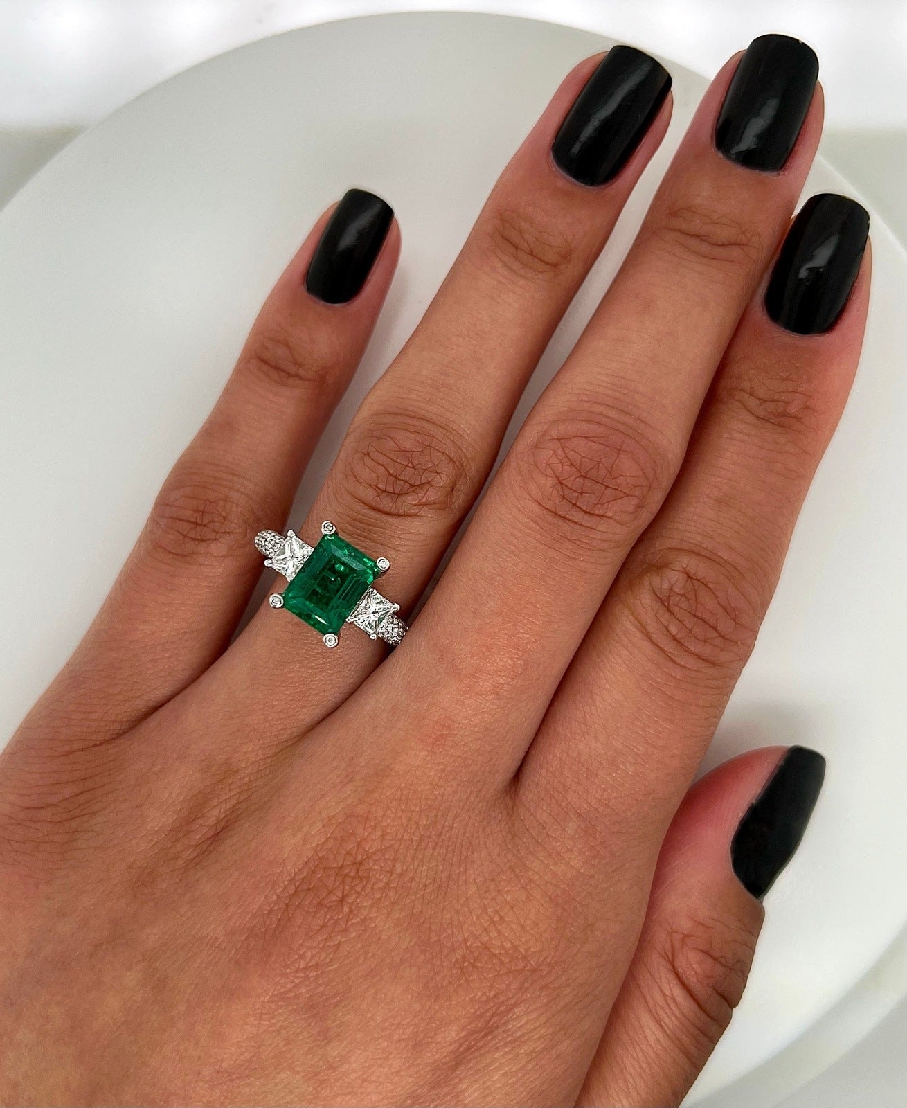 4.46 Total Carat Emerald and Diamond Three Stone Pave Set Engagement Ring, GIA