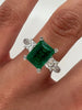 4.46 Total Carat Emerald and Diamond Three Stone Pave Set Engagement Ring, GIA