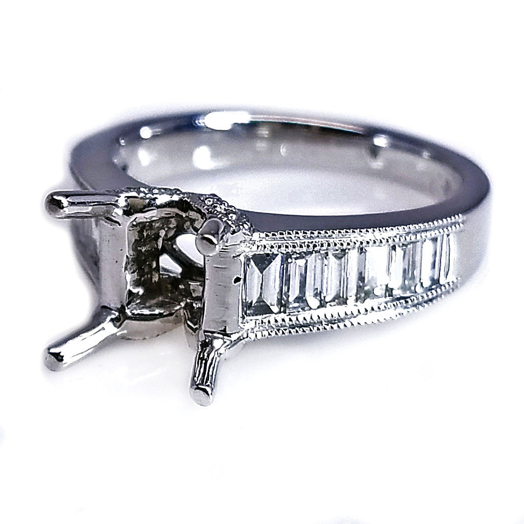 18K White Gold Baguette Diamond Engagement Ring Setting 