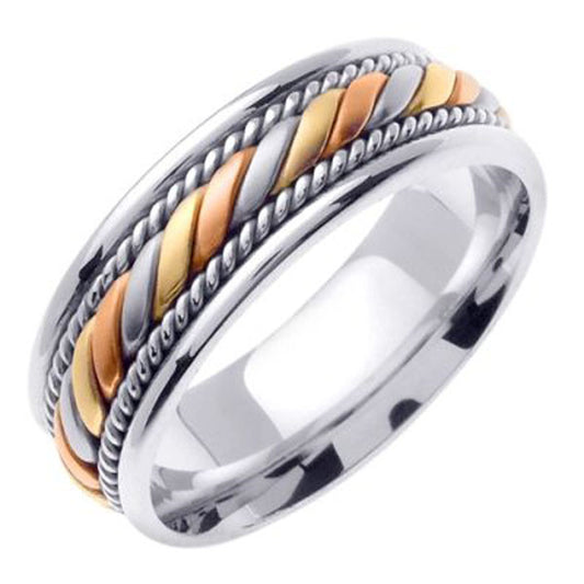 Tri-Color Wedding Band in 14K White, Yellow and Rose Gold