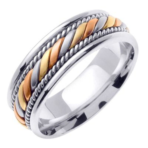 Tri-Color Wedding Band in 14K White, Yellow and Rose Gold