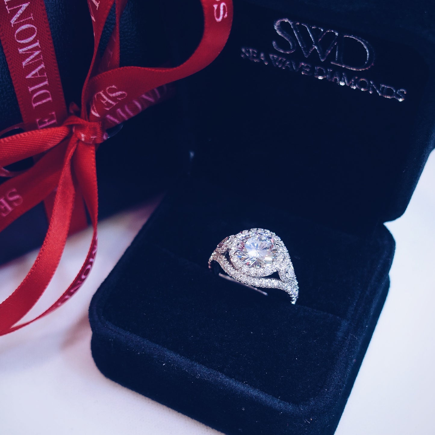 3.07 Total Carat Double Halo Pave Three-Stone Diamond Engagement Ring