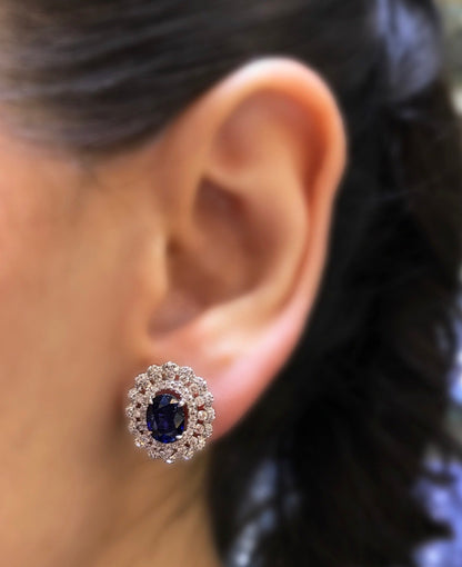 4.30 Total Carat Sapphire and Diamond Triple Halo Antique Inspired Stud Earrings