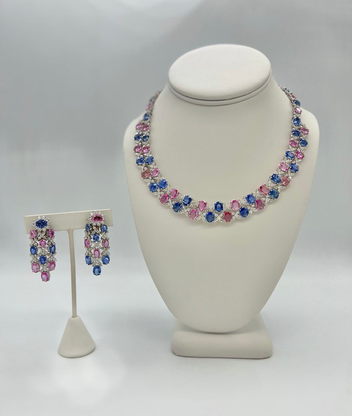 17” Inch 89.98 Total Carat Multicolor Sapphire and 26.98 Total Carat Diamond Necklace and Earrings Set in Platinum Setting
