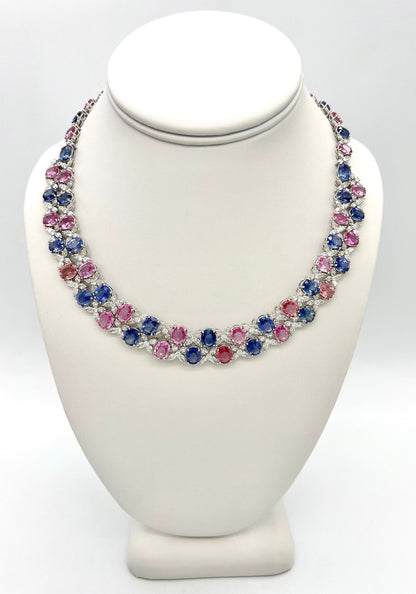 17” Inch 89.98 Total Carat Multicolor Sapphire and 26.98 Total Carat Diamond Necklace and Earrings Set in Platinum Setting