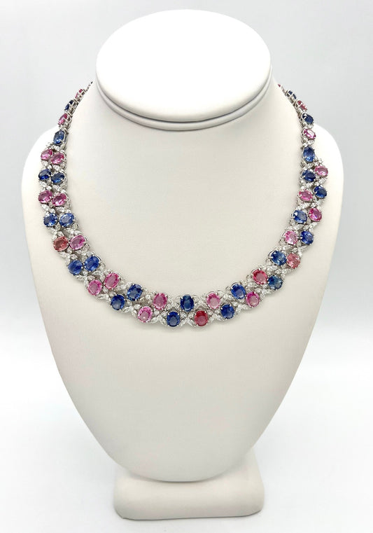 17” Inch 89.98 Total Carat Multicolor Sapphire and 26.98 Total Carat Diamond Necklace and Earrings Set in Platinum Setting