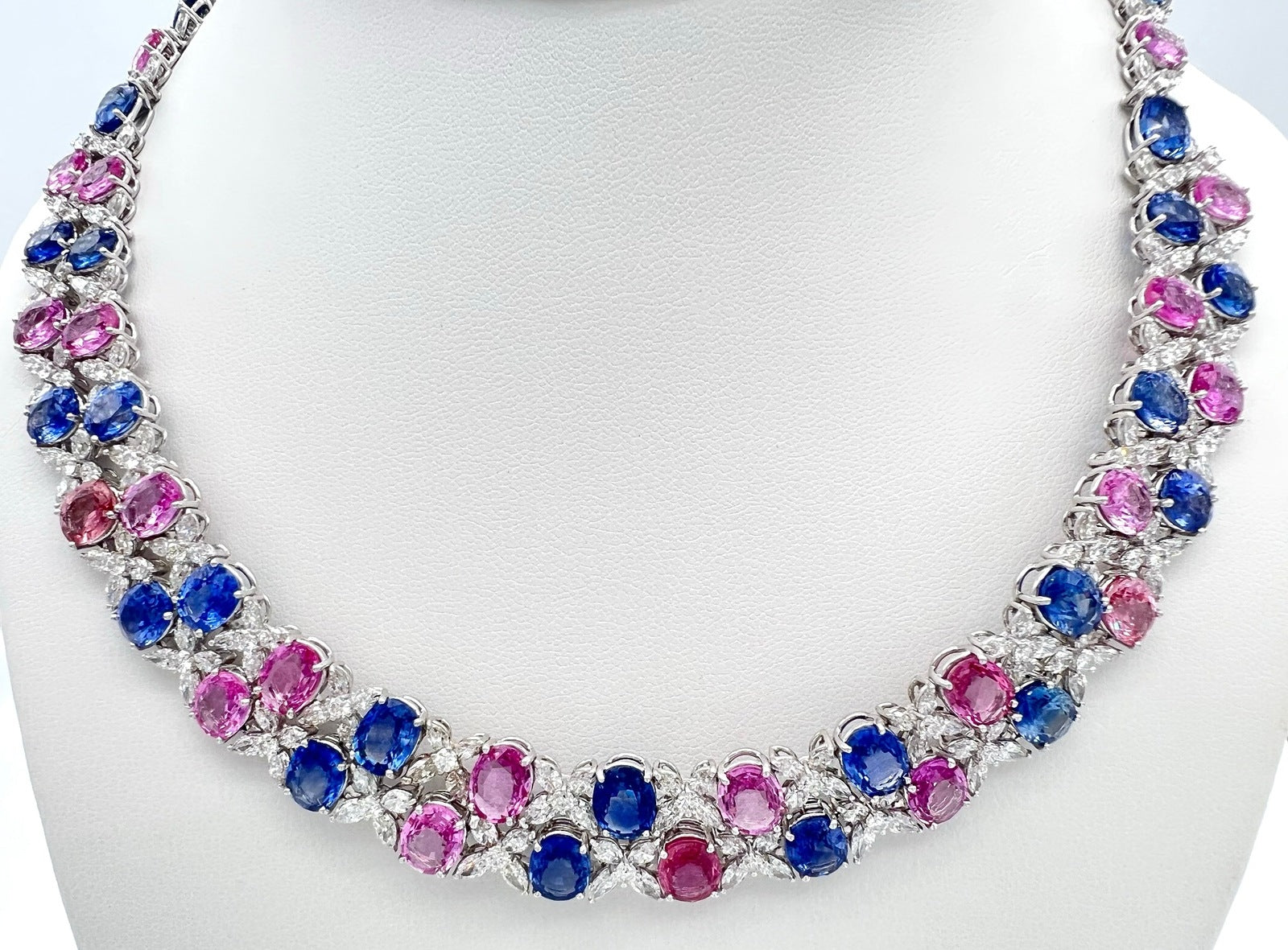 17” Inch 89.98 Total Carat Multicolor Sapphire and 26.98 Total Carat Diamond Necklace and Earrings Set in Platinum Setting