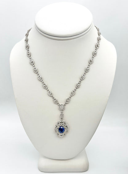 Handmade 17.17 Total Carat Sapphire and Diamond White Gold Pendant Necklace, GIA