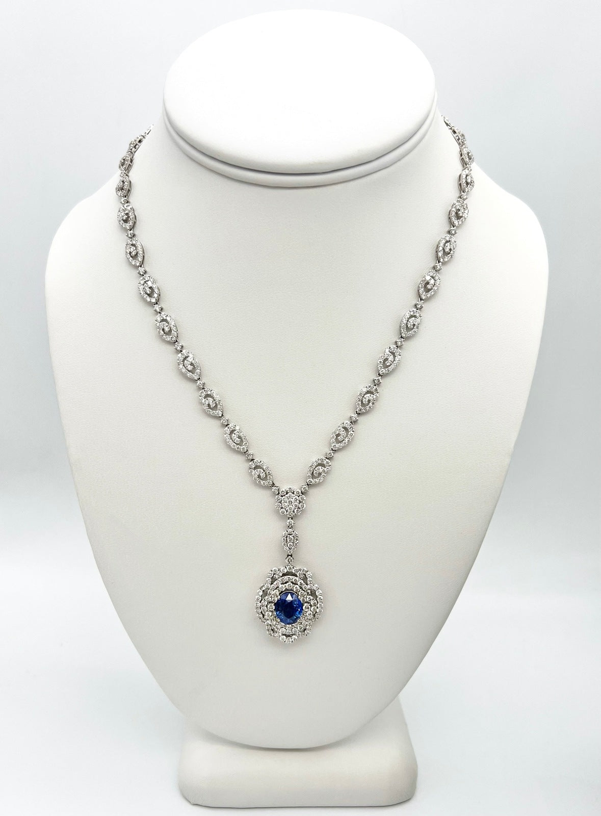 Handmade 17.17 Total Carat Sapphire and Diamond White Gold Pendant Necklace, GIA