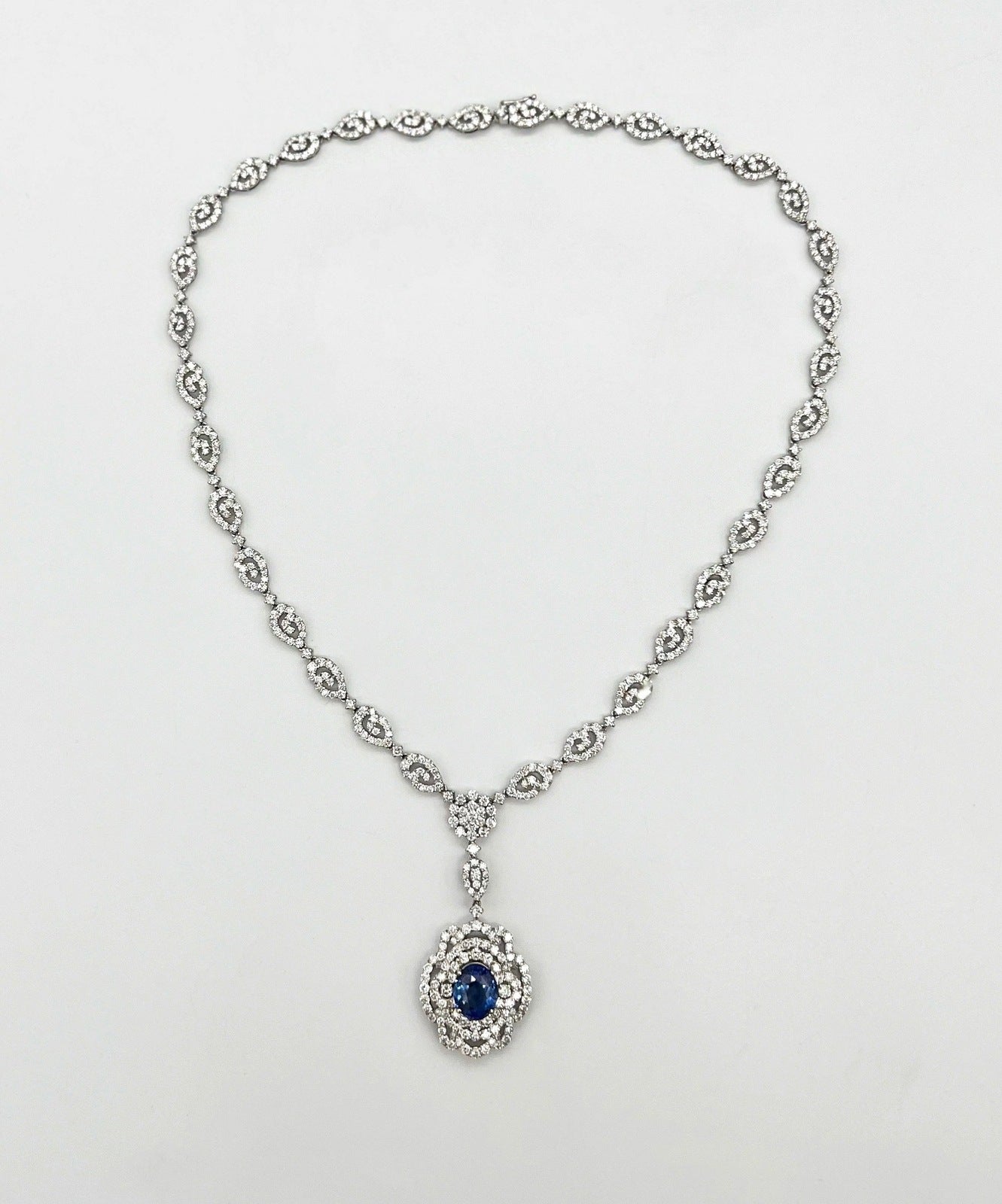 Handmade 17.17 Total Carat Sapphire and Diamond White Gold Pendant Necklace, GIA