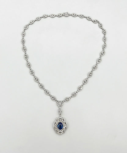 Handmade 17.17 Total Carat Sapphire and Diamond White Gold Pendant Necklace, GIA