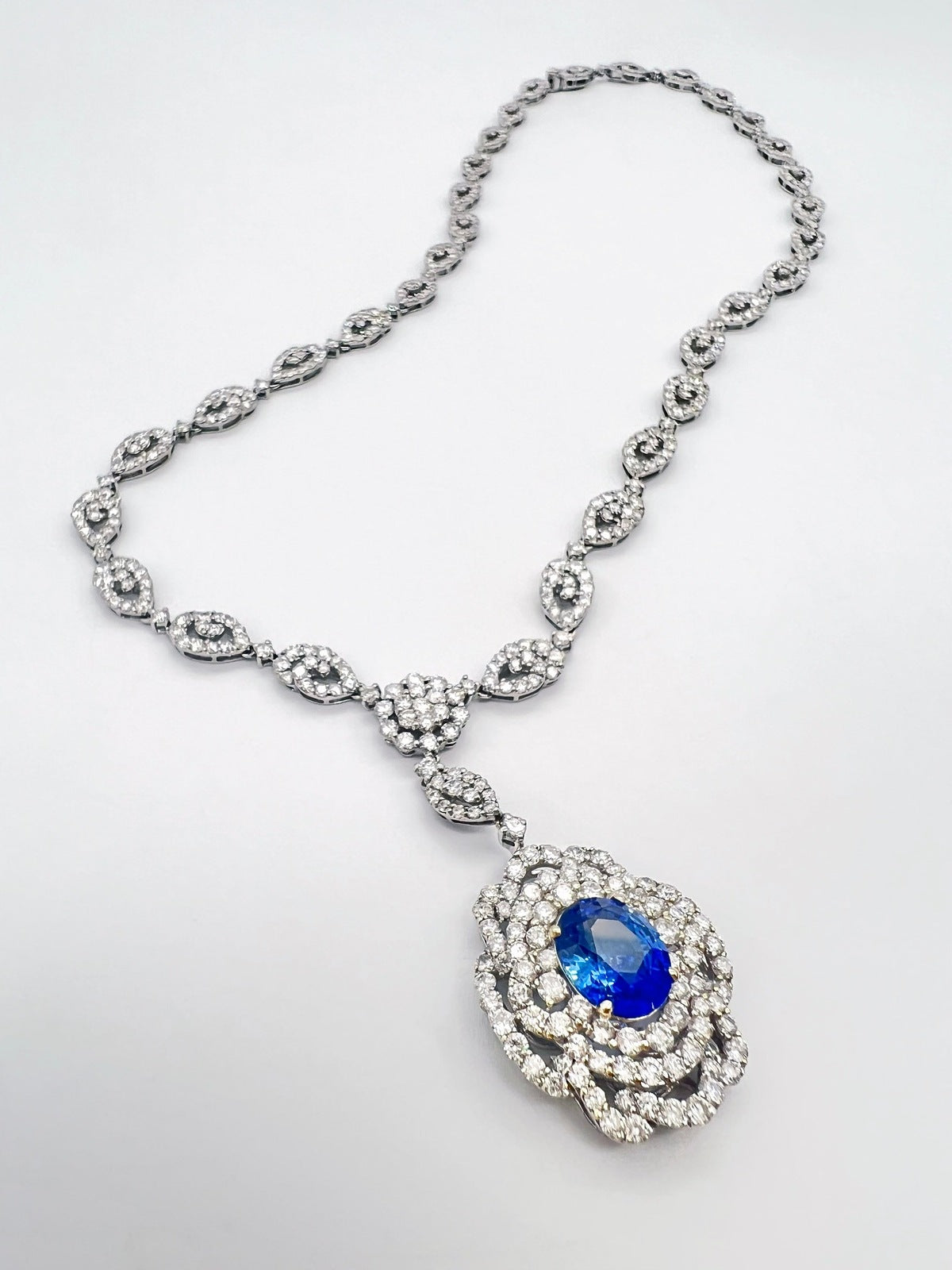 Handmade 17.17 Total Carat Sapphire and Diamond White Gold Pendant Necklace, GIA