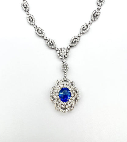 Handmade 17.17 Total Carat Sapphire and Diamond White Gold Pendant Necklace, GIA