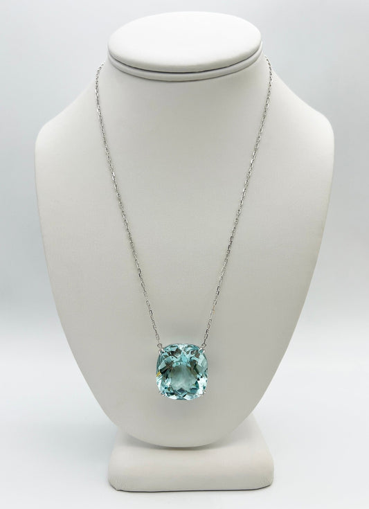 Splendid 48.46 Carat Cushion Cut Aquamarine Pendant in a 14 Karat White Gold Chain, GIA