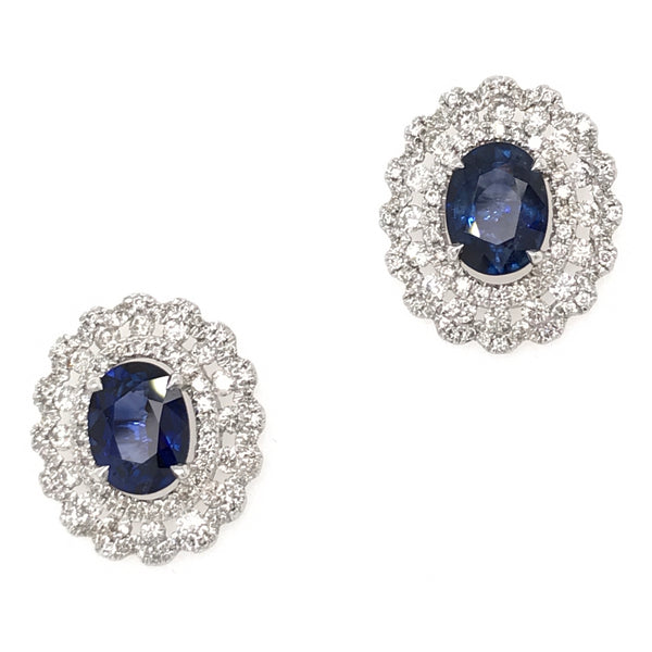 4.30 Total Carat Sapphire and Diamond Triple Halo Antique Inspired Stud Earrings