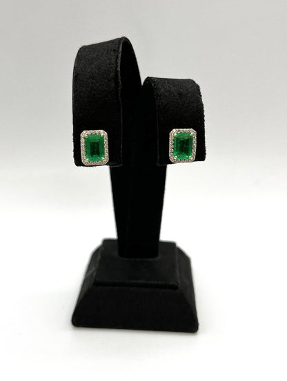 3.31 Total Carat Emerald and Diamond Pushback Earrings in 18K Yellow Gold
