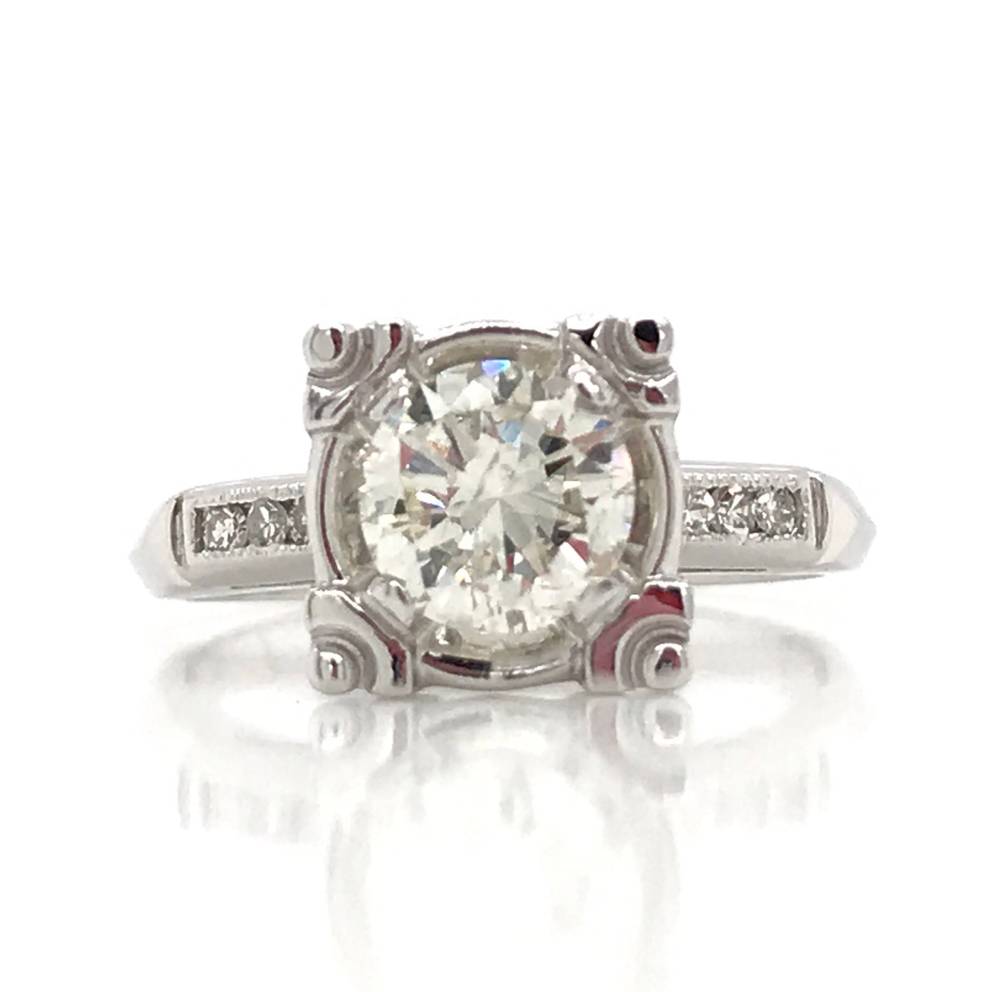 "ENGR02307" Antique Inspired Round Diamond Engagement Ring in 14K White Gold Square Setting