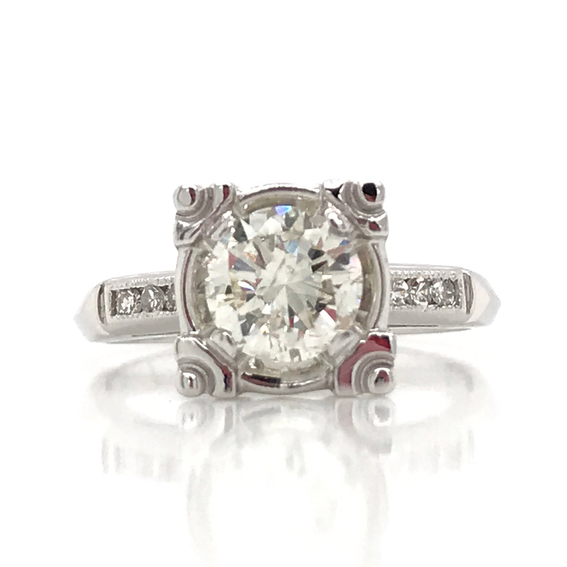 "ENGR02307" Antique Inspired Round Diamond Engagement Ring in 14K White Gold Square Setting