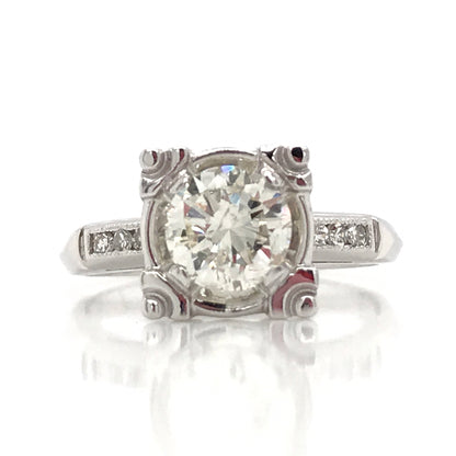 "ENGR02307" Antique Inspired Round Diamond Engagement Ring in 14K White Gold Square Setting