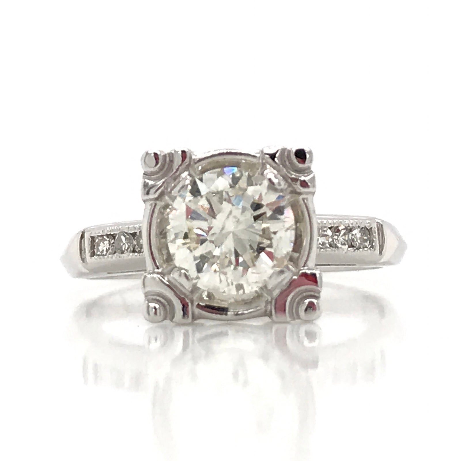 "ENGR02307" Antique Inspired Round Diamond Engagement Ring in 14K White Gold Square Setting