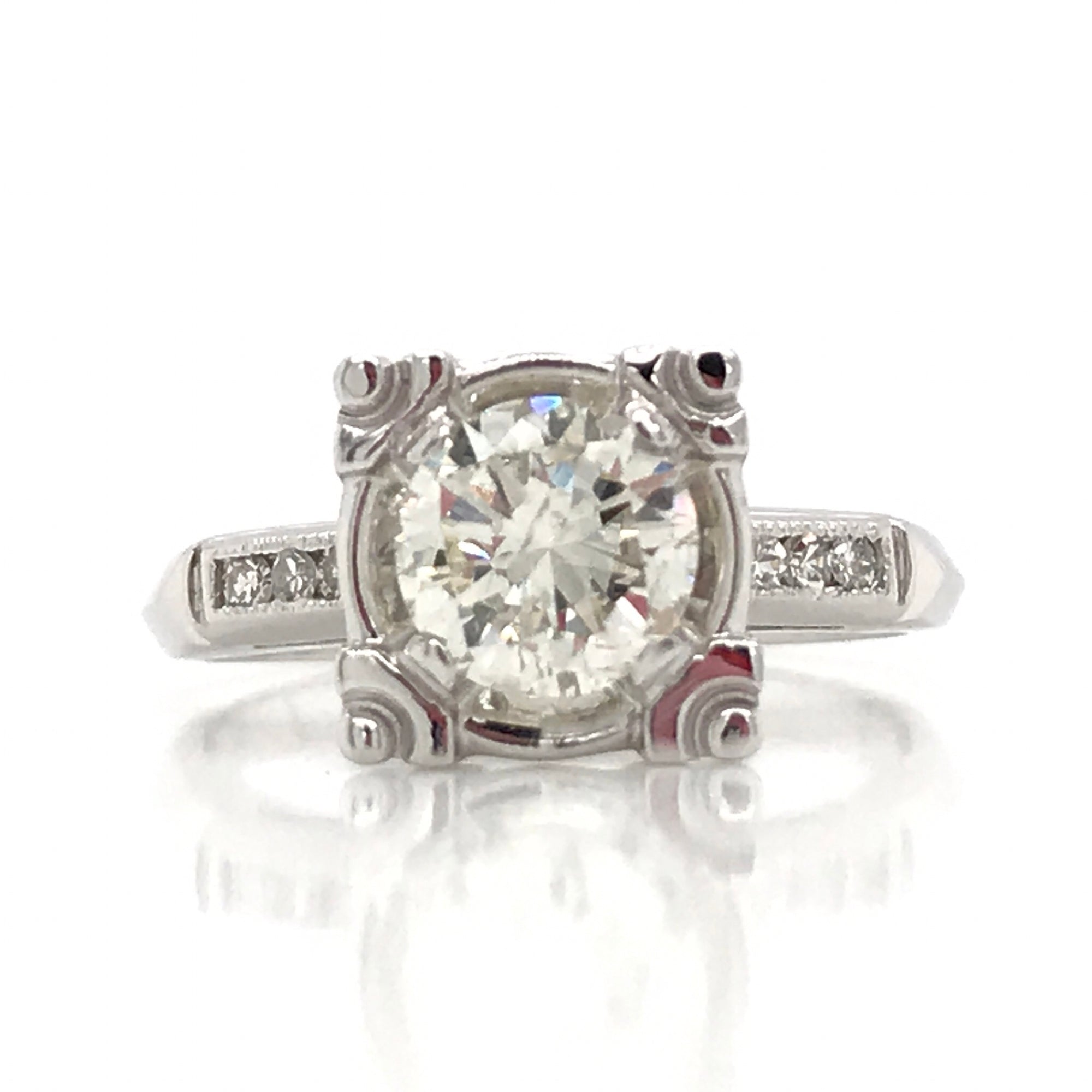 "ENGR02307" Antique Inspired Round Diamond Engagement Ring in 14K White Gold Square Setting