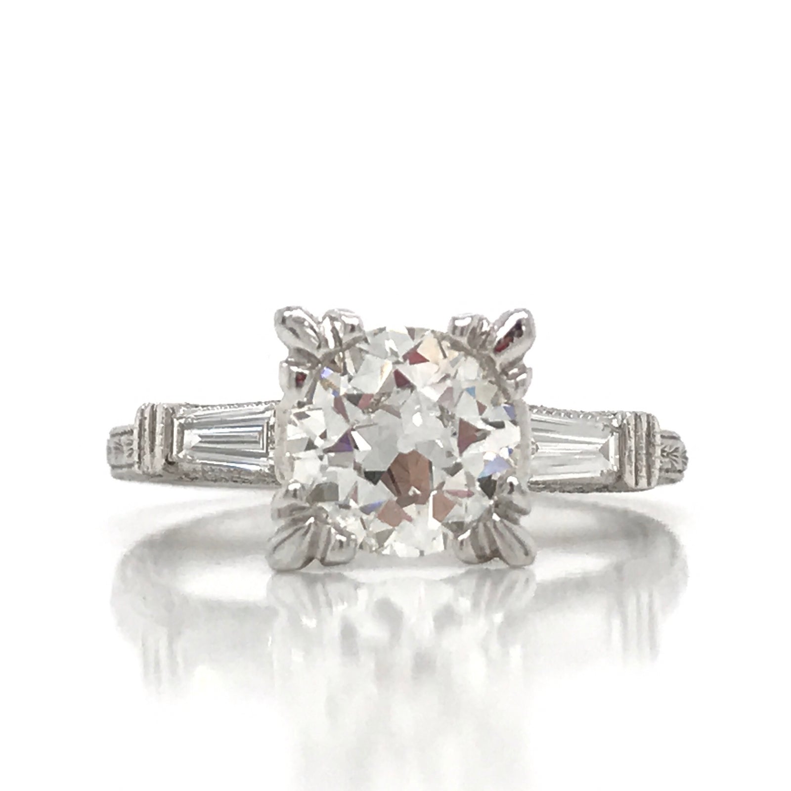 "ENGR01660" Ornate Antique Style Round Diamond Engagement Ring with Side Stones and Milgrain